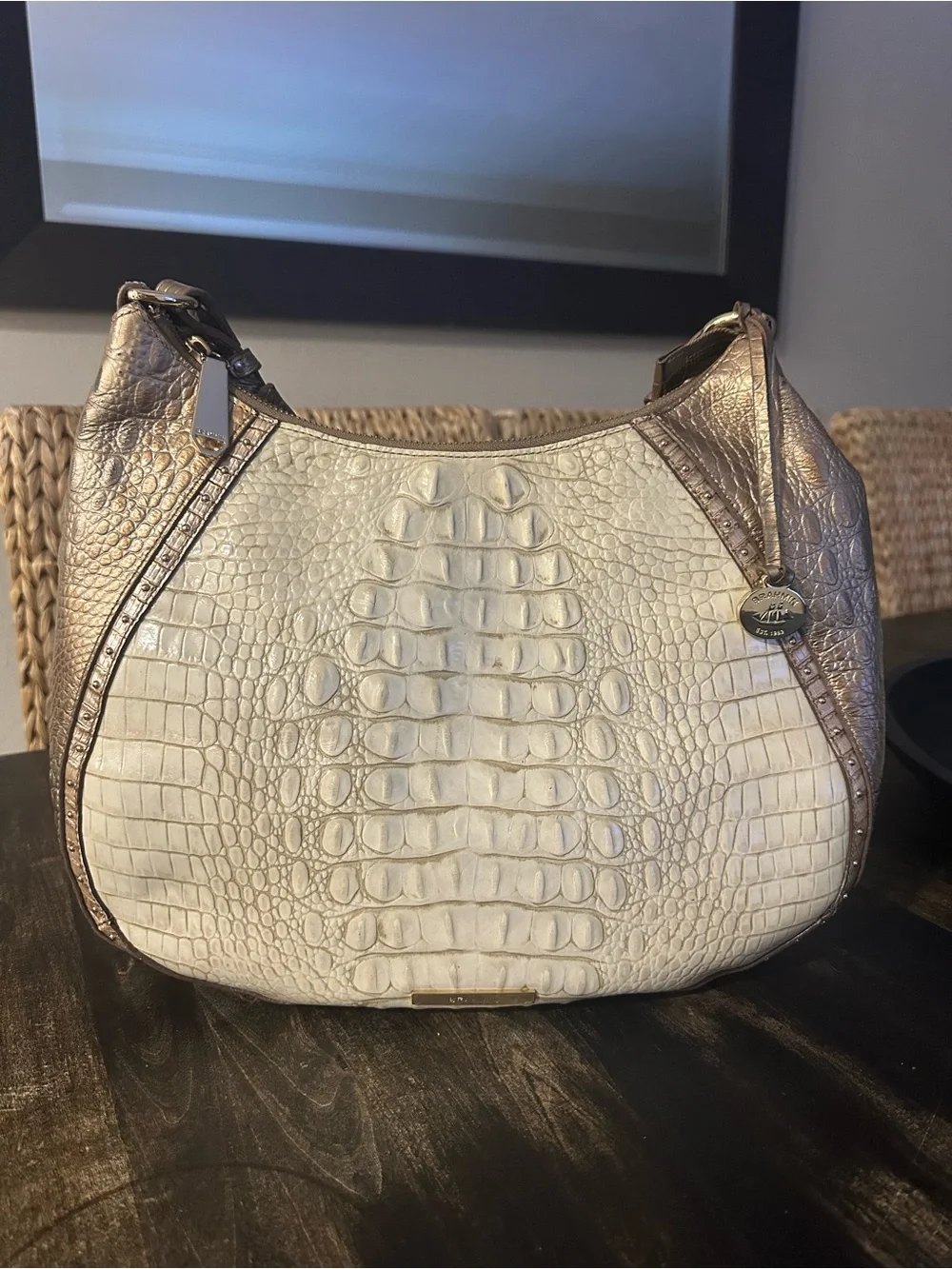 🤍Brahmin Amira Hobo Shoulder Bag Leather Croc Embossed Champagne Koubba